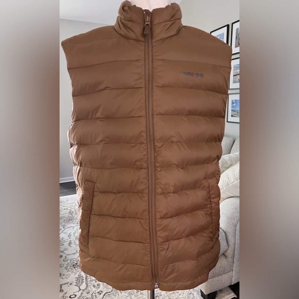 Lands End Mens Down Puffer Vest Medium 38-40 Brown Full Zip Sleeveless Outerwear